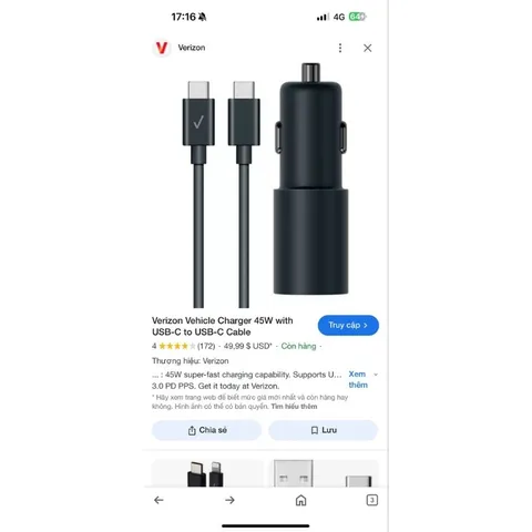 Tẩu Sạc Nhanh Oto Xe Hơi Verizon Cổng Usb C PD 45w PD 3.0, PPS