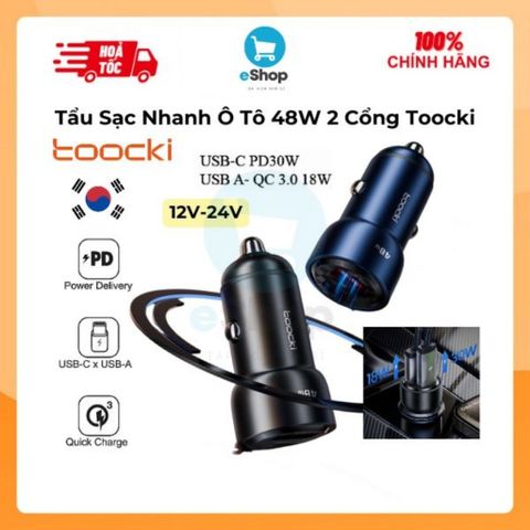 Tẩu Sạc Ô Tô 48W Toocki (Hàn Quốc) - Sạc Xe Hơi 2 Cổng USB-A QC 3.0 18W + USB-C PD 30W