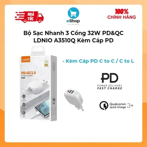 Bộ Củ Sạc Nhanh 3 Cổng 32W PD&QC Hãng LDNIO A3510Q Kèm Cáp PD