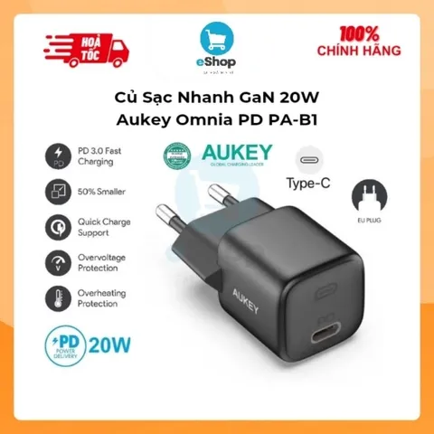 Củ Sạc Nhanh 20W Aukey Omnia PA-B1 USB-C PD Công Nghệ Gan Nhỏ Gọn