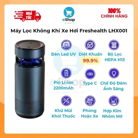 Máy Lọc Không Khí Xe Hơi Freshealth LHX001, Kim Loại, Công Nghệ Lọc H13 HEPA + Đèn UV Khử Khuẩn, Bụi Mịn