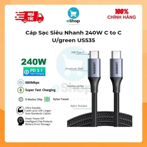 Cáp Sạc Siêu Nhanh 240W Chính Hãng U/green US535 Type C PD 3.1, Truyền Dữ Liệu 480Mbps, Dây Dù Bện + Hợp Kim Nhôm