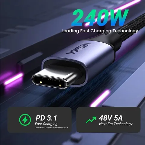 Cáp Sạc Siêu Nhanh 240W Chính Hãng U/green US535 Type C PD 3.1, Truyền Dữ Liệu 480Mbps, Dây Dù Bện + Hợp Kim Nhôm