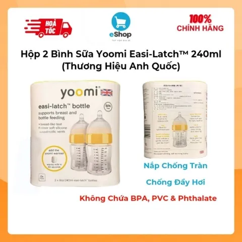 Hộp 2 Bình Sữa Yoomi Easi-Latch™ 240ml (Anh Quốc) - Chống Đầy Hơi, Không Chứa BPA, PVC & Phthalate