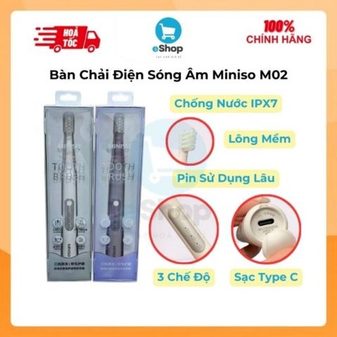 Bàn Chải Điện MINISO Rung Sóng Âm Lông Mềm Làm Sạch Sâu Chống Nước IPX7, 3 Chế Độ, Pin Sử Dụng Lâu