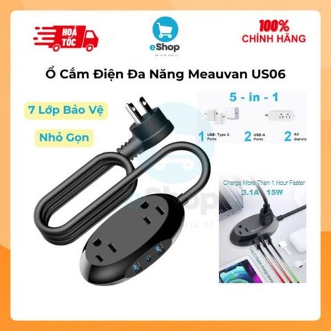 Ổ Cắm Điện Đa Năng Meauvan US06 (Hàng À má zon Mỹ ), 2 ổ 220V , 2 USB-A + 1 USB-C 15W (Tặng đầu chuyển sang 2 chấu)