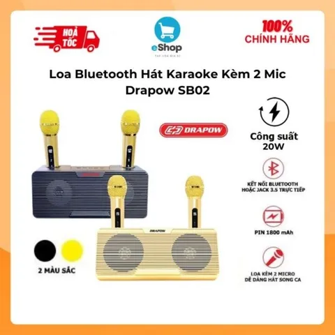 Loa Bluetooth Hát Karaoke Kèm 2 Mic Drapow SB02 - Kết Nối: 3.5mm AUX IN/Bluetooth, USB, Thẻ Nhớ