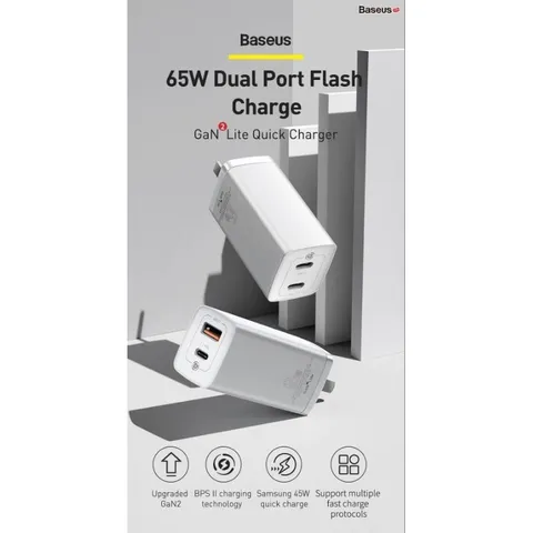 Củ Sạc Siêu Nhanh 65W Baseus GaN2 Lite Quick Charger (1A+1C/2C, PD3.0/PPS/QC4.0/SCP/FCP )