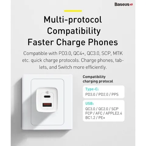 Củ Sạc Siêu Nhanh 65W Baseus GaN2 Lite Quick Charger (1A+1C/2C, PD3.0/PPS/QC4.0/SCP/FCP )
