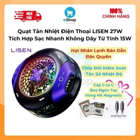 Quạt Tản Nhiệt Điện Thoại LISEN Kiêm Sạc Nhanh Không Dây Từ Tính 15W, Kèm Cáp C to C, Vòng Magnetic, Bao Ngón Tay Game