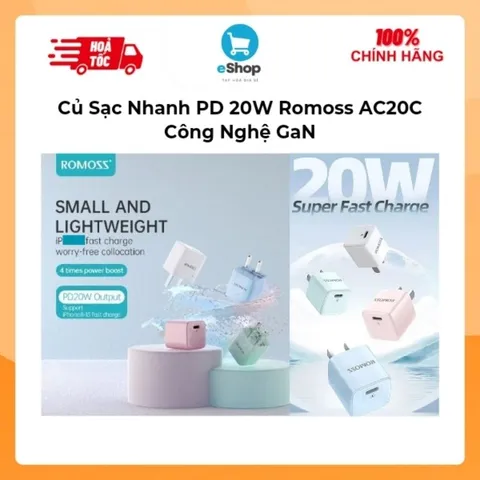 Củ Sạc Nhanh PD 20W Romoss AC20C Chính Hãng - Công Nghệ GaN