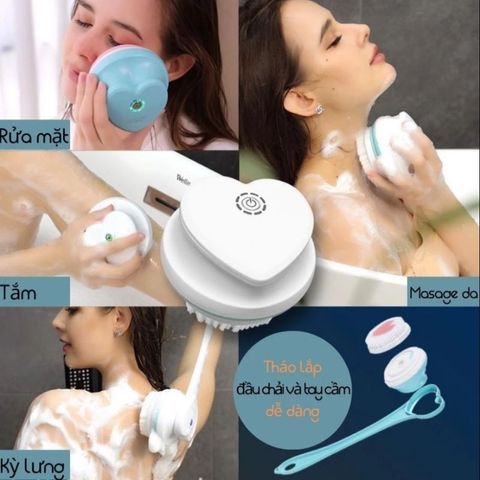 Bàn Chải Tắm Điện Kết Hợp Máy Rửa Mặt 2 Trong 1 - Máy Chà Lưng Với 4 Đầu Thay Thế