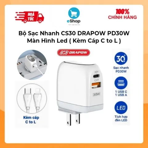 Bộ Sạc Nhanh Kèm Cáp CS30 DRAPOW PD30W Có Màn Hình Led ( Tặng Kèm Cáp C to L )