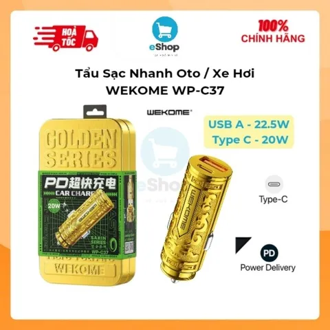 Tẩu Sạc Nhanh Ô Tô WEKOME WP-C37 2 Cổng USB Type-C Sạc Nhanh QC 3.0 22.5W, PD 20W Hợp Kim Mạ Vàng
