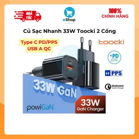 Củ Sạc Nhanh Toocki 33W Công Nghệ GaN 2 Cổng USB-A + Type C Hỗ Trợ PD, PPS, QC