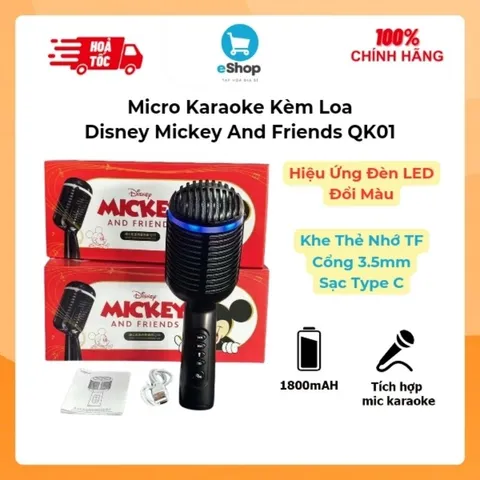 Micro Karaoke Kèm Loa Disney Mickey And Friends QK01 - Hiệu Ứng Đèn LED Đổi Màu, Khe Thẻ Nhớ TF ,Cổng 3.5mm, Sạc Type C
