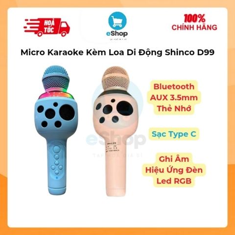 Micro Karaoke Kèm Loa Di Động Shinco D99 - Hiệu ứng đèn Led RGB, Cổng Type C, Aux 3.5mm, Thẻ Nhớ