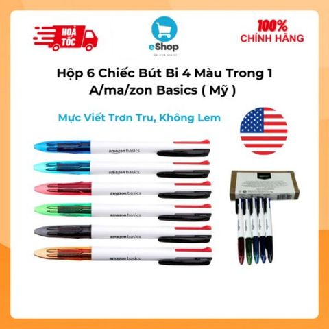 Hộp 6 Chiếc Bút bi 4 Màu Trong 1 À Má Zôn Basics ( Mỹ ) - Mực Viết Trơn Tru Không Lem
