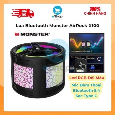 Loa Bluetooth Monster AirRock X100 - Led RGB Theo Nhạc, Bluetooth 5.4, Mic Đàm Thoại Rãnh Tay, Sạc Type C