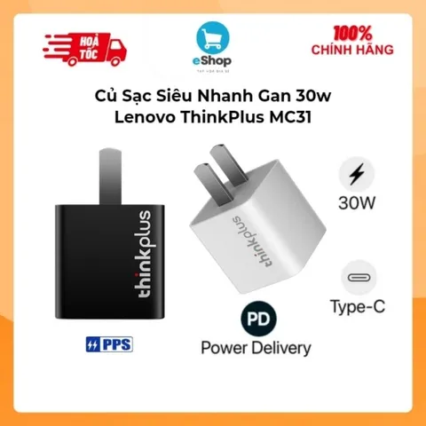 Bộ Củ Sạc Siêu Nhanh Gan 30w Lenovo ThinkPlus MC31 Kèm Cáp C to C 60W Hỗ Trợ PD, QC và PPS