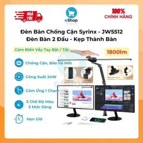 Đèn Bàn 2 Đầu LED Syrinx - JW5512 Kẹp Thành Bàn 5 Mức Sáng, 5 Chế Độ Màu, Cảm Ứng, Cảm Biến Vẫy Tay, Hẹn Giờ
