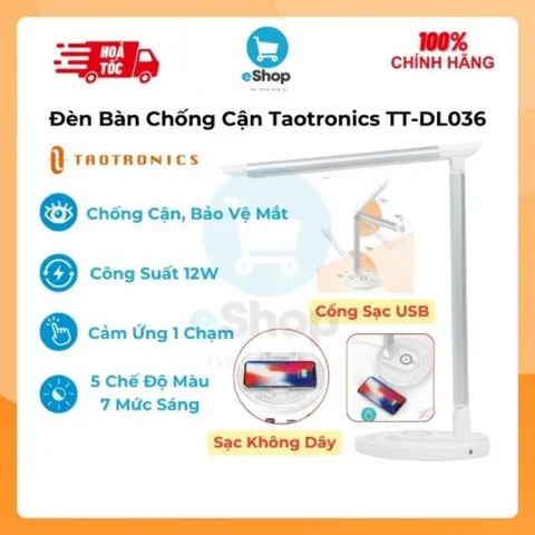 Đèn Bàn Chống Cận Kiêm Sạc Không Dây Taotronics TT-DL036 12W Xoay Gập 180 Độ, 5 Chế Độ Màu 7 Mức Sáng, Cảm Ứng