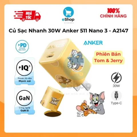 Củ Sạc Nhanh 30W Anker 511 Nano III - A2147 Tom & Jerry USB C Công Nghệ GaN PIQ 3.0 PD/PPS Nhỏ Gọn