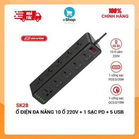 Ổ Cắm Điện Đa Năng SK28 Chính Hãng Drapow 10 Ổ Cắm Điện 220v + 5 USB A + 1 Type C Sạc Nhanh PD 20W