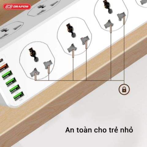 Ổ Cắm Điện Đa Năng SK28 Chính Hãng Drapow 10 Ổ Cắm Điện 220v + 5 USB A + 1 Type C Sạc Nhanh PD 20W