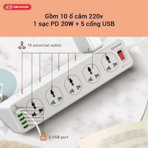 Ổ Cắm Điện Đa Năng SK28 Chính Hãng Drapow 10 Ổ Cắm Điện 220v + 5 USB A + 1 Type C Sạc Nhanh PD 20W