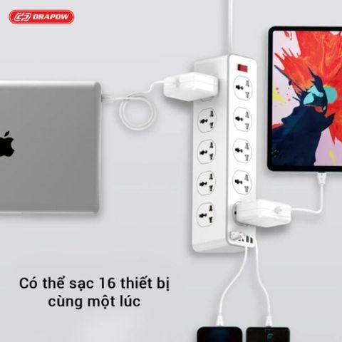 Ổ Cắm Điện Đa Năng SK28 Chính Hãng Drapow 10 Ổ Cắm Điện 220v + 5 USB A + 1 Type C Sạc Nhanh PD 20W