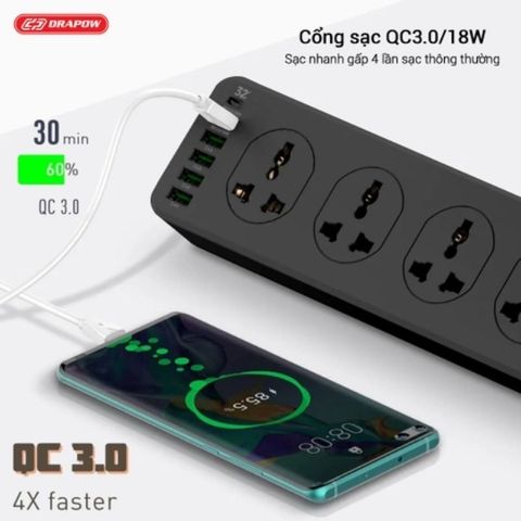 Ổ Cắm Điện Đa Năng SK28 Chính Hãng Drapow 10 Ổ Cắm Điện 220v + 5 USB A + 1 Type C Sạc Nhanh PD 20W