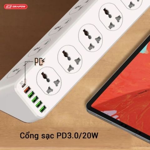 Ổ Cắm Điện Đa Năng SK28 Chính Hãng Drapow 10 Ổ Cắm Điện 220v + 5 USB A + 1 Type C Sạc Nhanh PD 20W