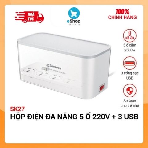 Hộp Ổ Điện Thông Minh Drapow SK27 - 5 Ổ Cắm 220v Công Suất 2500W, 3 Cổng USB, Giấu Gọn Dây
