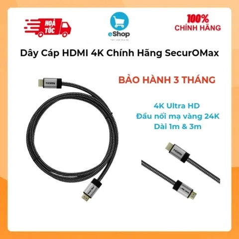Cáp HDMI 4K Ultra HD Tốc Độ Cao Chính Hãng SecurOMax Mỹ - Dài 1m & 3m - Đầu Mạ Vàng 24K