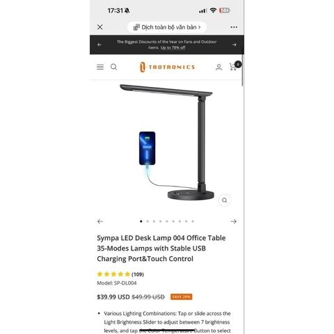 Đèn bàn Taotronics TT-DL13/ Symba DL004, cảm ứng, 12W, 5 chế độ sáng, 10 mức sáng, Cổng USB Sạc ĐT - Đèn Học Chống Cận