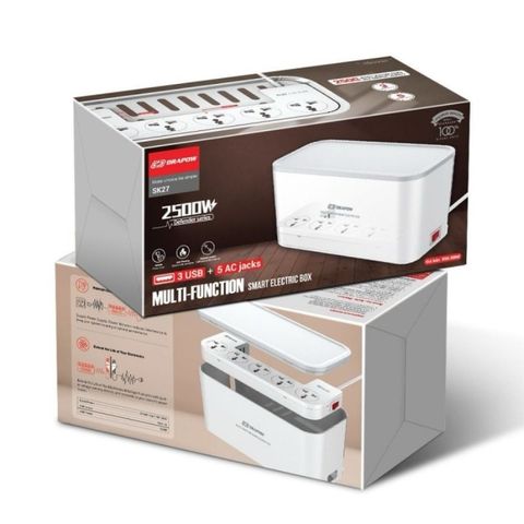 Hộp Ổ Điện Thông Minh Drapow SK27 - 5 Ổ Cắm 220v Công Suất 2500W, 3 Cổng USB, Giấu Gọn Dây
