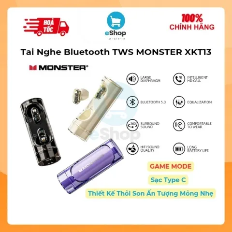 Tai Nghe Bluetooth TWS Monster Airmars XKT13 - ENC, Âm Thanh Hi-Fi, Bluetooth 5.3, Chế Độ Game Mode Độ Trễ Thấp