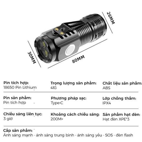 Đèn pin cầm tay mini 3 bóng siêu sáng chiếu xa 5 chế độ sạc USB
