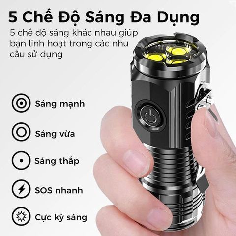 Đèn pin cầm tay mini 3 bóng siêu sáng chiếu xa 5 chế độ sạc USB