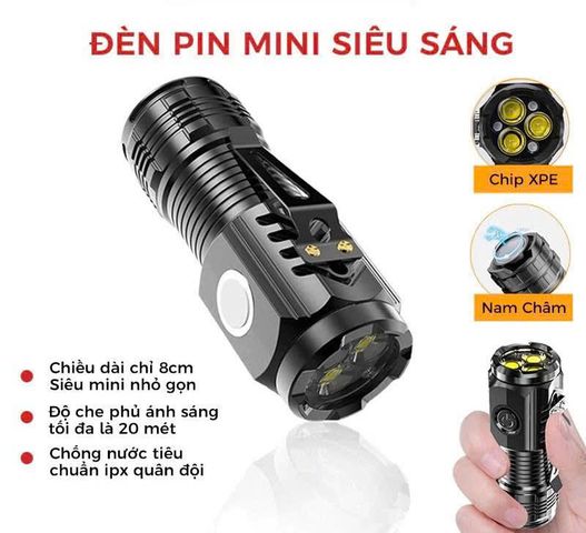 Đèn pin cầm tay mini 3 bóng siêu sáng chiếu xa 5 chế độ sạc USB
