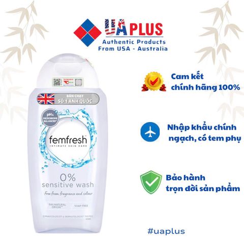 [Nhập khẩu chính ngạch] Femfresh 0% Sensitive Wash - Dung dịch vệ sinh phụ nữ dành cho da nhạy cảm 250ml