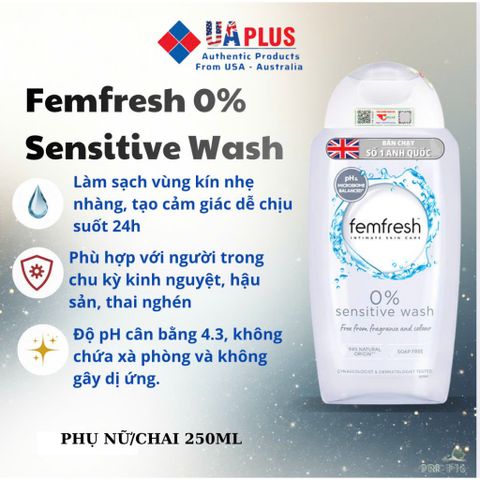 [Nhập khẩu chính ngạch] Femfresh 0% Sensitive Wash - Dung dịch vệ sinh phụ nữ dành cho da nhạy cảm 250ml