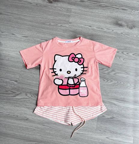 Bộ thun cotton hello kitty cute đáng yêu kèm quần kẻ cho bé gái size 20-35kg(ảnh thật)