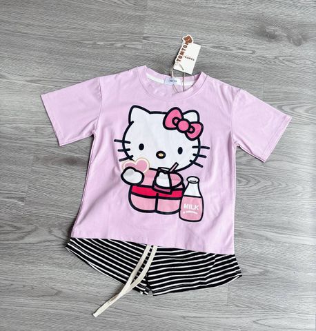 Bộ thun cotton hello kitty cute đáng yêu kèm quần kẻ cho bé gái size 20-35kg(ảnh thật)