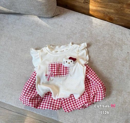 Set áo cánh tiên hello kitty đính nơ ren xinh xắn kèm quần bom hoạt hình bí bồng xinh xắn dễ thương mùa hè cho bé gái
