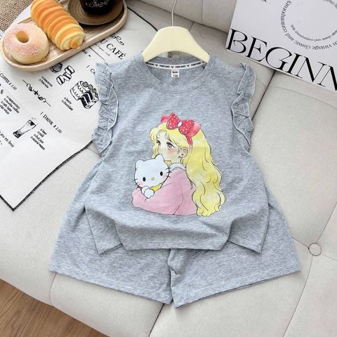 Bộ thun cotton cô gái sát nách cánh tiên bèo xinh xắn dễ thương mát mẻ mùa hè cho bé gái
