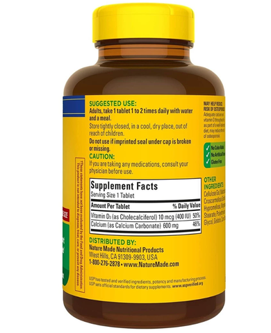 100 viên Nature Made Calcium 600mg with D3 – Hỗ trợ xương chắc khỏe mỗi ngày