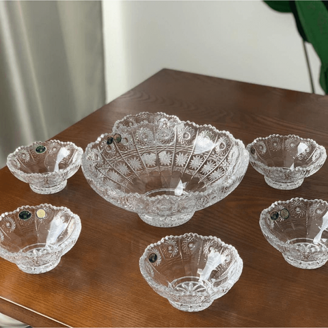 Set 7 bát pha lê mài Bohemia gồm 1 mâm bồng lớn 25cm và 6 bát nhí 13cm