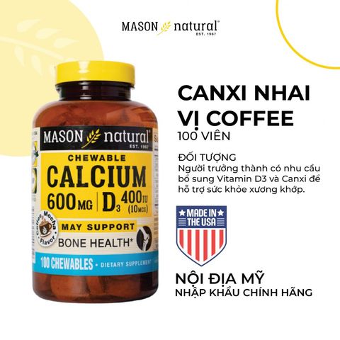 [Nhập khẩu] Mason Natural Calcium 600mg + D3 - Bổ sung canxi cho cơ thể (100v)